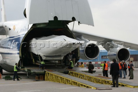 Americas Cup  yacht is loaded onto a Russian transport plane to be air freighted