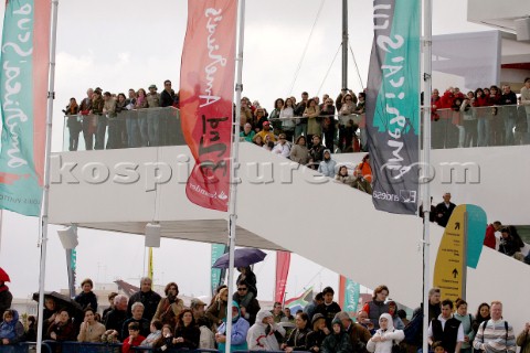 Crowds of spectators line the new buildings in Port Americas Cup in Valencia