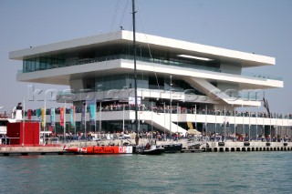 Crowds of spectators line the new buildings in Port Americas Cup in Valencia
