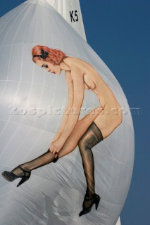 VANITY V. Type: International 12-Meter Sloop. Spinnaker with graphic of naked woman