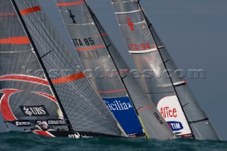 Valencia, 03 04 2007. Valencia Louis Vuitton ACT 13. Fleet Race. Alinghi, +39 Challenge and Luna Rossa Challenge