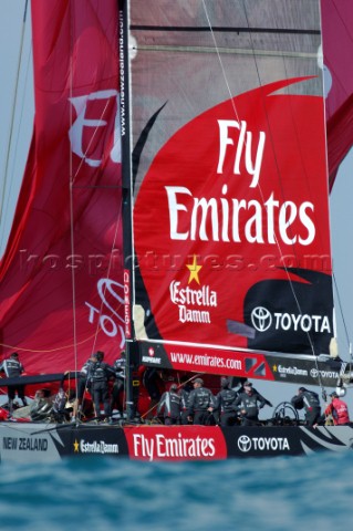 Emirates Team New Zealand packing up on NZL84 after finishing race one of the Louis Vuitton Act 13 i