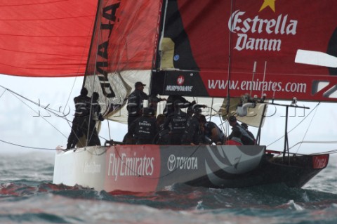Emirates Team New Zealand NZL84 starts the final leg of race five of the Louis Vuitton Ac13 Valencia