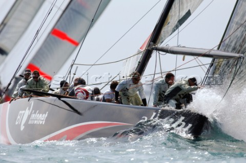 Alinghi SUI91 rounds the first top mark in race four on day three of the Louis Vuitton Ac13 Valencia