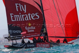 Emirates Team New Zealand NZL84 head off on leg two of race six of the Louis Vuitton Act 13. 7/4/2007