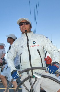 Skipper and helmsman Chris Dickson. Crew work and teamwork onboard BMW Oracle