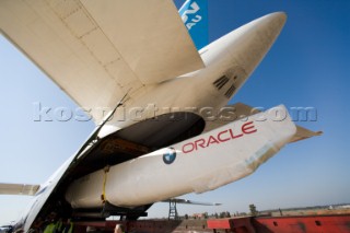 BMW Americas Cup yacht is loaded onboard a Russian cargo plane in transportation