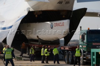 BMW Americas Cup yacht is loaded onboard a Russian cargo plane in transportation