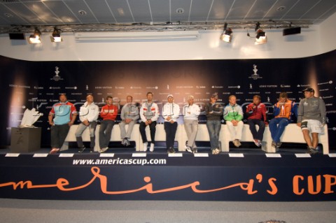 Skippers press conference for the start of Act 13 of the Louis Vuitton Cup L to R Pierre Mas China T