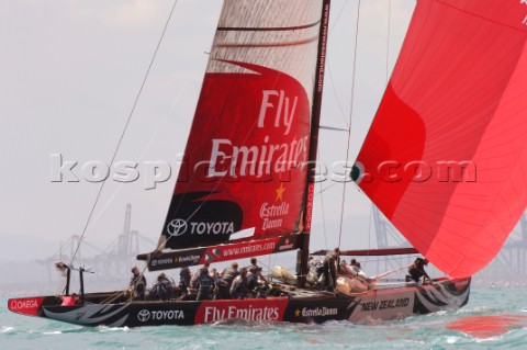Emirates Team New Zealand NZL84 round the first top mark in race one of the Louis Vuitton Act 13 342