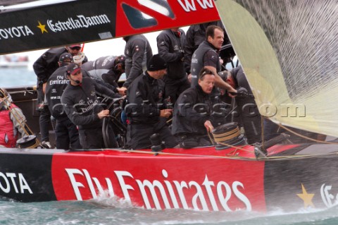 Ben Ainslie at the helm of Emirates Team New Zealand NZL84 before the start of race three of the Lou