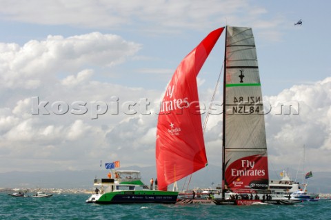 Emirates Team New Zealand NZL84 finish race six of the Louis Vuitton Act 13 in third behind Desafio 
