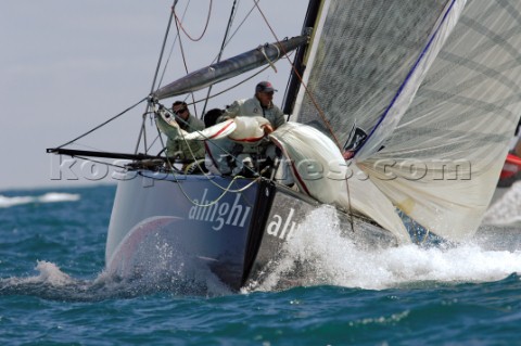 Alinghi SUI91 at the first top mark rounding of race six of the Louis Vuitton Act 13 742007