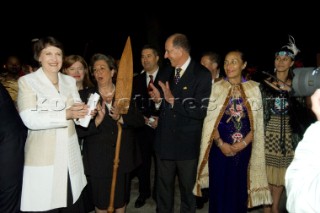 NZ prime Minister Helen Clark and Rita Barbera Mayor of Valencia with a ceremonial paddle presented to her by Auckland Mayor Dick Hubbard at the Tourisim New Zealand Cultural Bar B Que at the Emirates Team New Zealand base in Valencia.13/4/2007