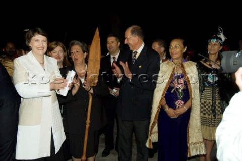 NZ prime Minister Helen Clark and Rita Barbera Mayor of Valencia with a ceremonial paddle presented 