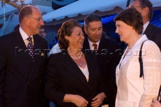 NZ prime Minister Helen Clark and Rita Barbera Mayor of Valencia and Auckland Mayor Dick Hubbard meet outside the Emirates Team New Zealand base in Valencia for the Tourisim New Zealand Cultural Bar B Que .13/4/2007