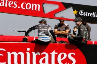 Emirates Team New Zealand crew Mark Mendelblatt, Chris Ward and Terry Hutchinson aboard NZL92 waiting for wind that never comes on day two of the Louis Vuitton Cup. 17/4/2007