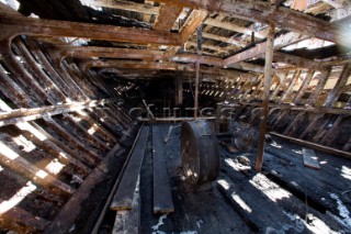 GREENWICH, ENGLAND - MAY 23rd:  First pictures below deck onboard the Cutty Sark, the worlds last remaining Tea Clipper ship, after it was damaged by fire on May 21st 2007. Police forensic teams continue to investigate the cause. The Cutty Sark Restoration Trust will raise money to rebuild the ship. (Photo by Kos/Kos Picture Source)