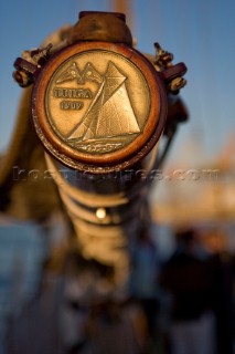 VALENCIA, SPAIN - May 14th: The engraving on the end of the boom of the classic yacht Tuiga, during the exclusive Tuiga Party at the Louis Vuitton Cup Semi Finals.