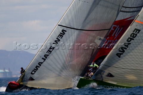VALENCIA SPAIN  May 14th  Team New Zealand and Desafio Espanol cross the startline equal during the 
