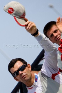 Valencia, 16 05 2007. Louis Vuitton Cup Semi Finals. Luna Rossa Challenge, happiness for the victory. Torben Grael.