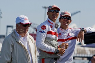 VALENCIA, SPAIN - May 18th:  Patrizio Bertelli (left) Francesco di Angeles (centre) and Torben Grael (right) onboard Luna Rossa Prada Challenge (ITA) as she leaves to race against BMW Oracle (USA) in the fourth semi final match of the Louis Vuitton Cup on May 18th 2007. Prada wins 3-1.
