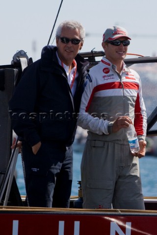 VALENCIA SPAIN  May 18th  Marco Tonchetti Provera left talks with James Spithill onboard Luna Rossa 