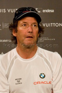 VALENCIA, SPAIN - May 18th:  Tactician Peter Isler of BMW Oracle looking tired and exhausted at the press conference as BMW Oracle goes 3-1 down against Luna Rossa.