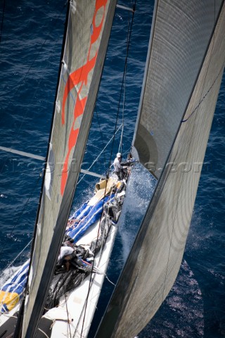 PALMA MAJORCA  JUNE 17TH  The foredeck crew prepare the sails on the 30m canting keel maxi Alfa Rome