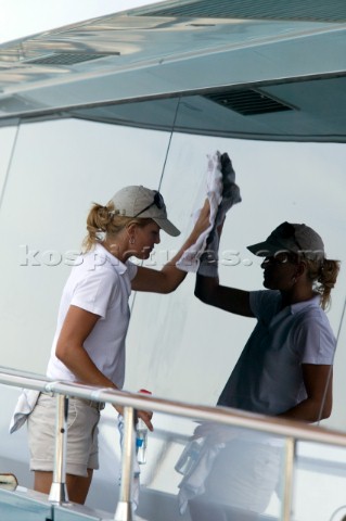 PALMA MAJORCA  JUNE 17TH  A crew polishes the expansive windows onboard Maltese Falcon owned by Tom 