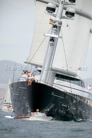 PALMA MAJORCA  JUNE 17TH  A spectator boat passes dangerously close in front of Maltese Falcon owned