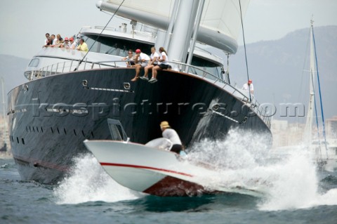 PALMA MAJORCA  JUNE 17TH  A spectator boat passes dangerously close in front of  Maltese Falcon owne