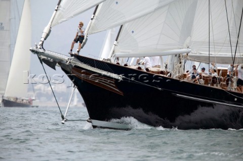 PALMA MAJORCA  JUNE 17TH  The bowman on Meteor keeps lookout on Fortis Day of the Superyacht Cup Uly