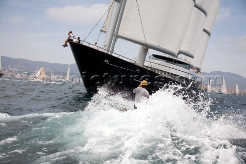 PALMA MAJORCA  JUNE 17TH A spectator boat passes dangerously close in front of Maltese Falcon owned 