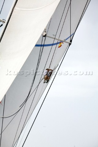 PALMA MAJORCA  JUNE 18TH  The bowman inspects the sails on Hamilton II sailing on Astilleros di Majo