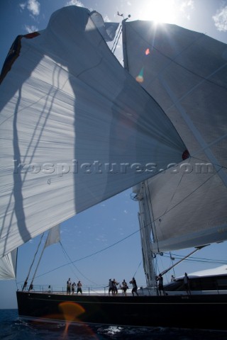 PALMA MAJORCA  JUNE 19TH  The foredeck crew of Kokomo hoist the huge spinnaker sailing on New Zealan