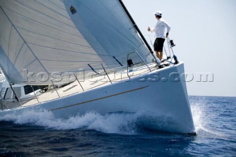 PALMA MAJORCA  JUNE 19TH  The bowman signals the course to the helmsman onboard the 34m Nephele sail