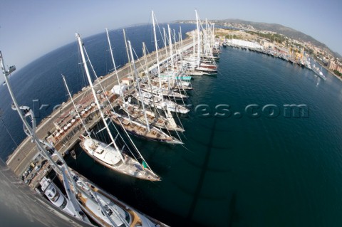 PALMA MAJORCA  JUNE 19TH  The view of the moored fleet from the top of the 200ft masts of Maltese Fa
