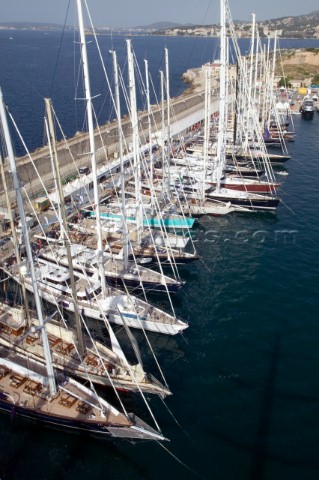 PALMA MAJORCA  JUNE 19TH  The view of the fleet from the top of the 200ft masts of Maltese Falcon on