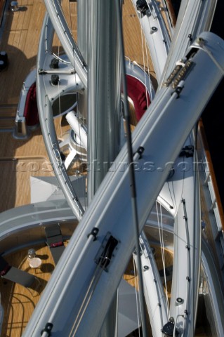 PALMA MAJORCA  JUNE 19TH  The view of the carbon fibre yard arms and deck from the top of the 200ft 