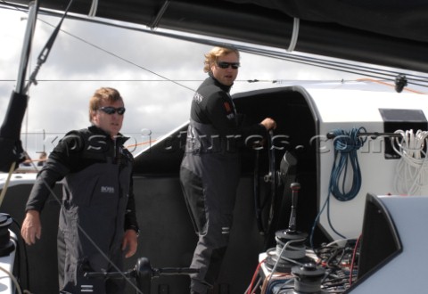 COWES ENGLAND  August 13th Alex Thompson and Andrew Cape on the Open 60 Hugo Boss UK  Rolex Fastnet 
