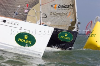 COWES, UK - July 1st: In ideal racing conditions the English Teams fight back on Day 2 of the Rolex Commodores Cup held in Cowes, Isle of Wight, to take the overall lead from the French Blue Team who presently hold second place. The Rolex Commodores Cup is held biannually in the UK and is the premier team racing event in the UK for big racing yachts. It is run by the Royal Ocean Racing Club. (Photo by Mike Jones/kospictures.com).