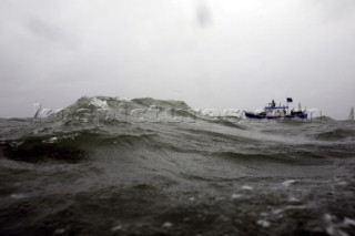 Fishing trawler boat acts as a Committee Boat in a rough sea on Day 7 of the Rolex Commodores Cup 2008