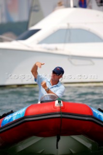 Qingdao, China, 20080807: 2008 OLYMPICS - Practice Race at Olympic Sailing Regatta before the real deal begins on Saturday. Kenneth Andreasen (USA) - Coach for Zach Railey (USA).  (No sale to Denmark)