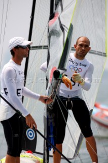 Qingdao, China, 20080807: 2008 OLYMPICS - Practice Race at Olympic Sailing Regatta before the real deal begins on Saturday. Xabier Fernandez/Iker Martinez (ESP) - 49er Class.  (No sale to Denmark)