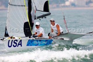 Qingdao, China, 20080807: 2008 OLYMPICS - Practice Race at Olympic Sailing Regatta before the real deal begins on Saturday. Tim Wadlow/Christopher Rast (USA) - 49er Class.  (No sale to Denmark)