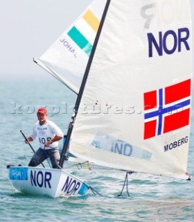 Qingdao, China, 20080809: 2008 OLYMPICS - first day of racing in the Olympic Sailing Event. Peer Moberg (NOR) - Finn Class.  (no sale to Denmark)