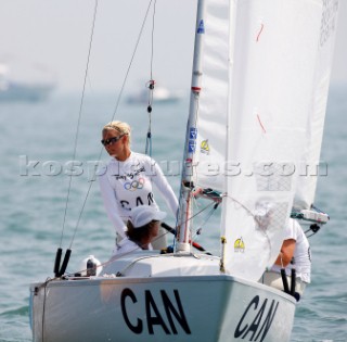 Qingdao, China, 20080809: 2008 OLYMPICS - first day of racing in the Olympic Sailing Event. PROVAN Jennifer/HENDERSON Martha/ABBOTT Katie - Yngling Class.   (no sale to Denmark)