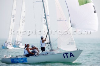 Qingdao, China, 20080809: 2008 OLYMPICS - first day of racing in the Olympic Sailing Event. CALLIGARIS Chiara/SCOGNAMILLO Francesca/PIGNOLO Giulia (ITA) - Yngling Class.   (no sale to Denmark)