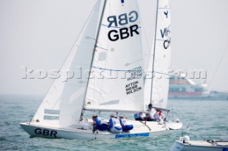 Qingdao, China, 20080809: 2008 OLYMPICS - first day of racing in the Olympic Sailing Event. AYTON Sarah/WEBB Sarah/WILSON Pippa (GBR) - Yngling Class.   (no sale to Denmark)